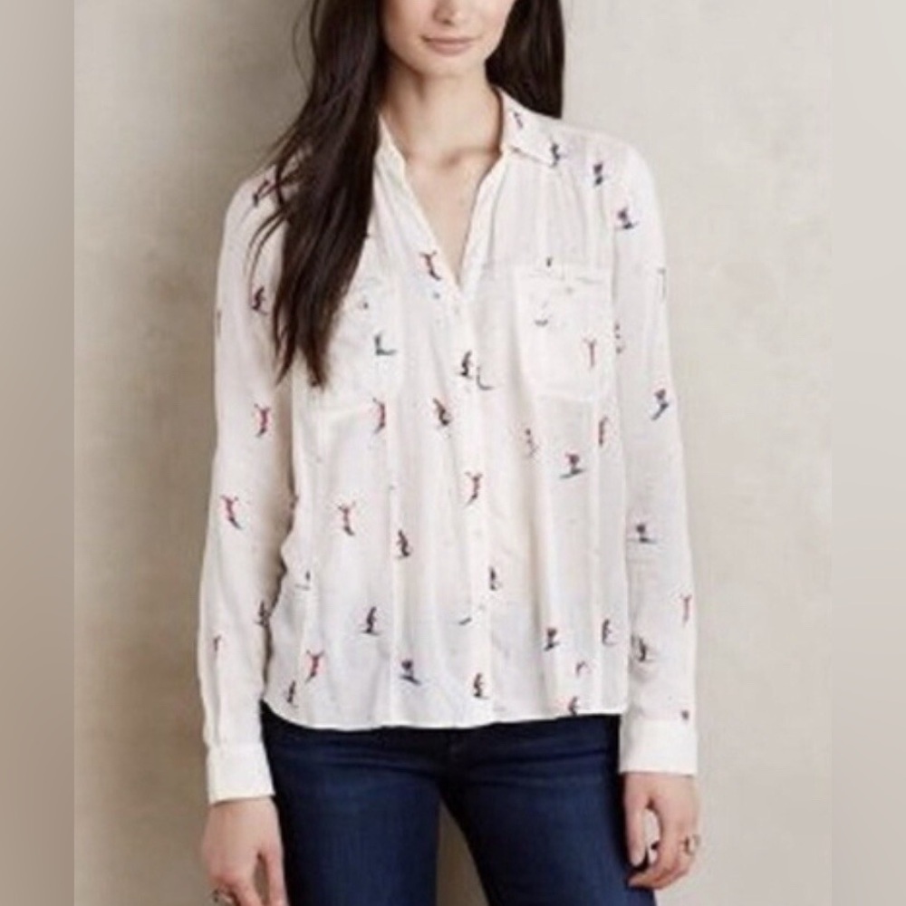 Anthropologie Maeve Conversationalist Ski Button Up Blouse Size 2